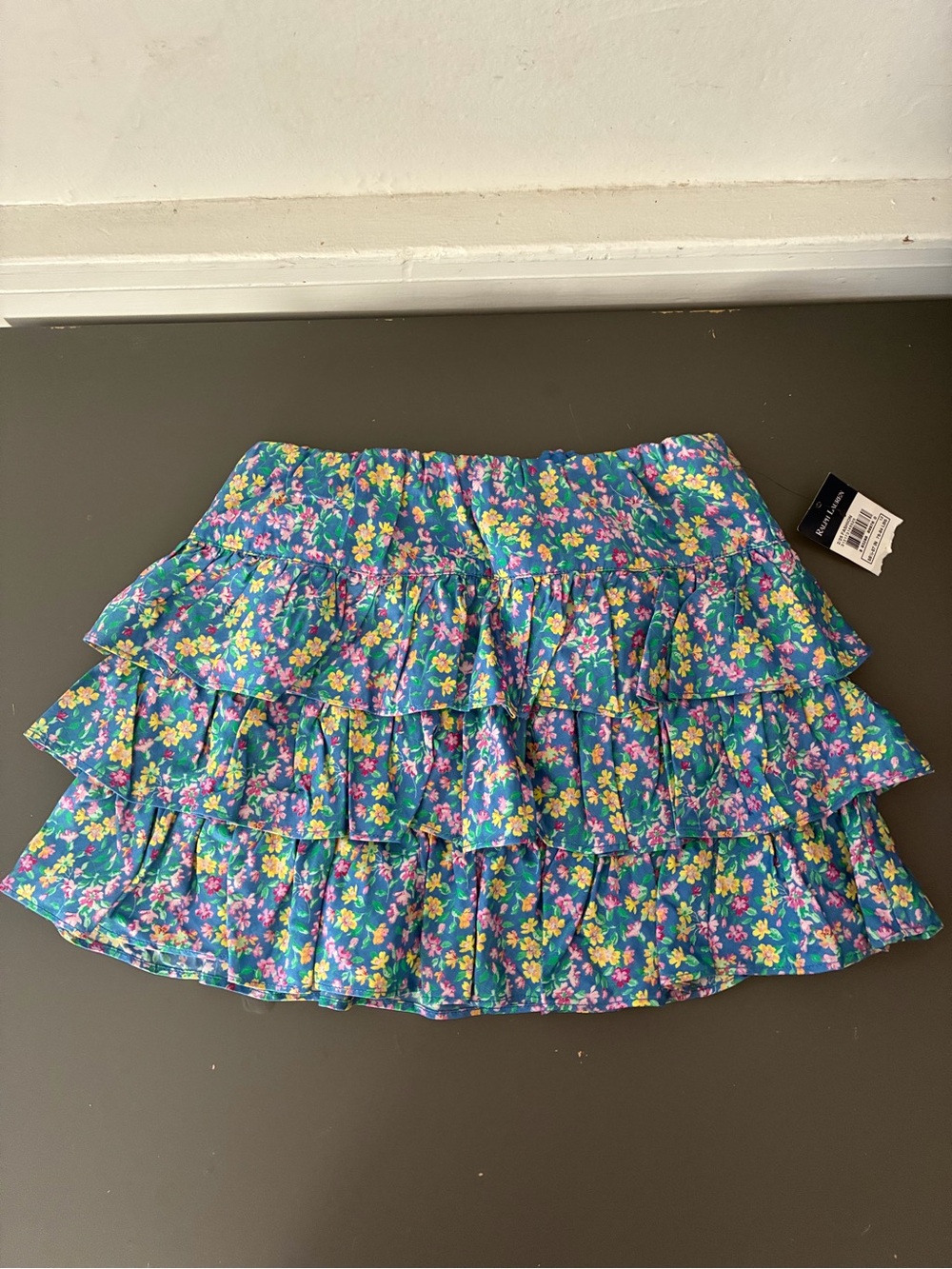 Ralph Lauren Girl’s Teal Floral Tiered Ruffle Mini Skirt Size 12